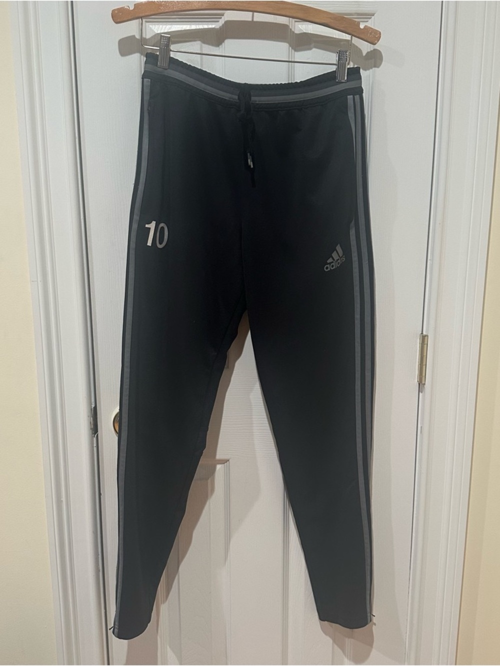 adidas Black Track Pants with Gray Stripe Accents, Size Medium